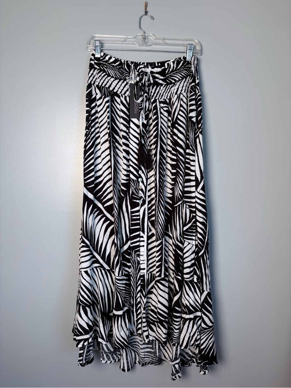 Rachel Zoe Palm Print High Low Maxi Skirt Black White Smocked Waist Size Medium